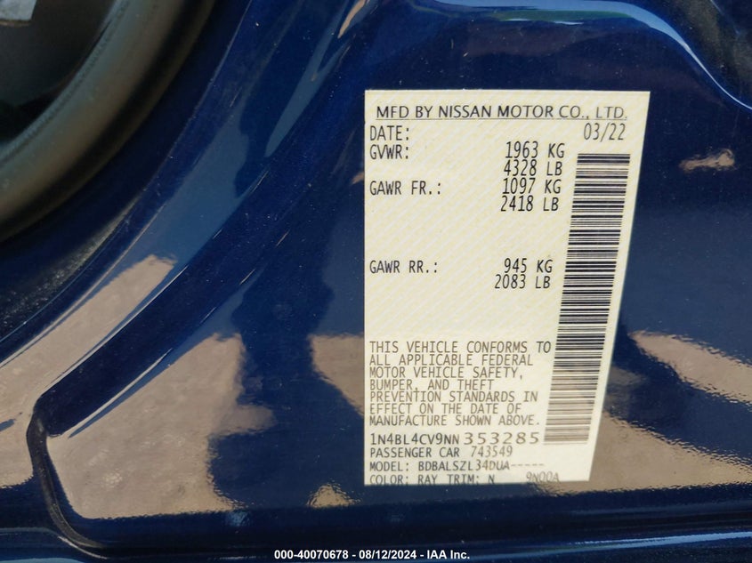 2022 Nissan Altima Sr Fwd VIN: 1N4BL4CV9NN353285 Lot: 40070678