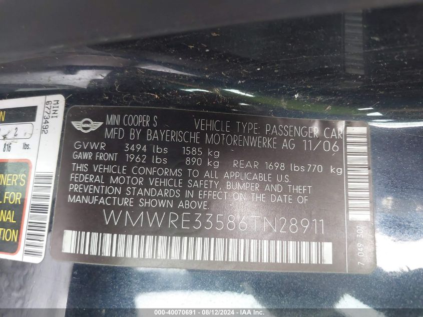 2006 Mini Cooper S VIN: WMWRE33586TN28911 Lot: 40070691