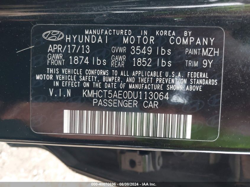 2013 Hyundai Accent Gs VIN: KMHCT5AE0DU113064 Lot: 40070696