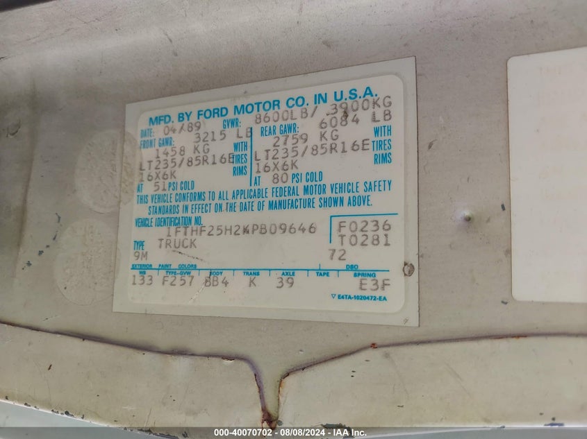 1989 Ford F250 VIN: 1FTHF25H2KPB09646 Lot: 40070702