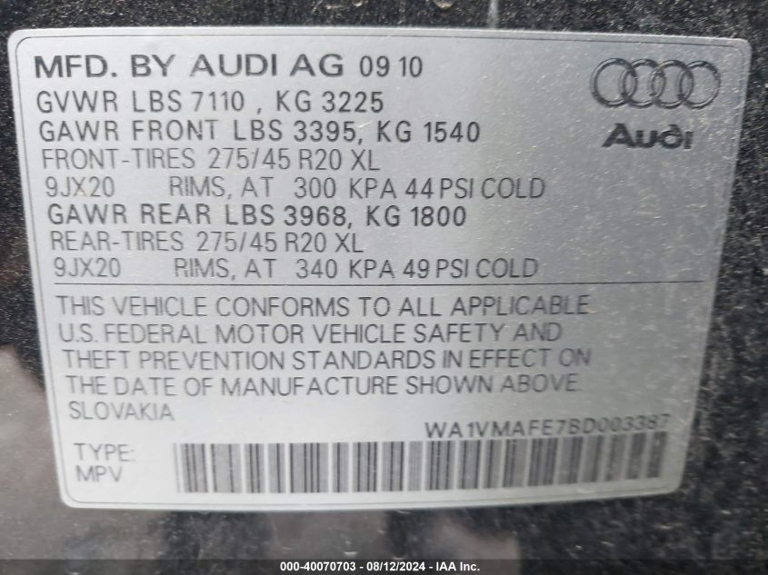 WA1VMAFE7BD003387 2011 Audi Q7 3.0 Tdi Premium