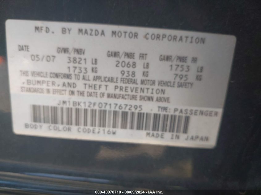 2007 Mazda Mazda3 I VIN: JM1BK12F071767295 Lot: 40070710
