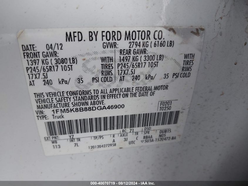 2013 FORD EXPLORER VIN: 1FM5K8B88DGA46900