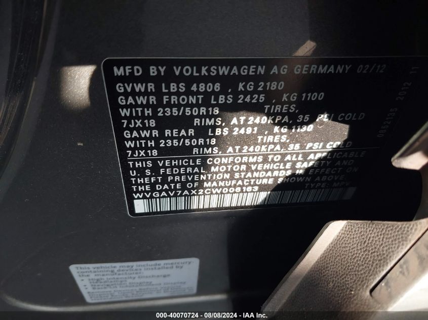 2012 Volkswagen Tiguan Se VIN: WVGAV7AX2CW006163 Lot: 40070724