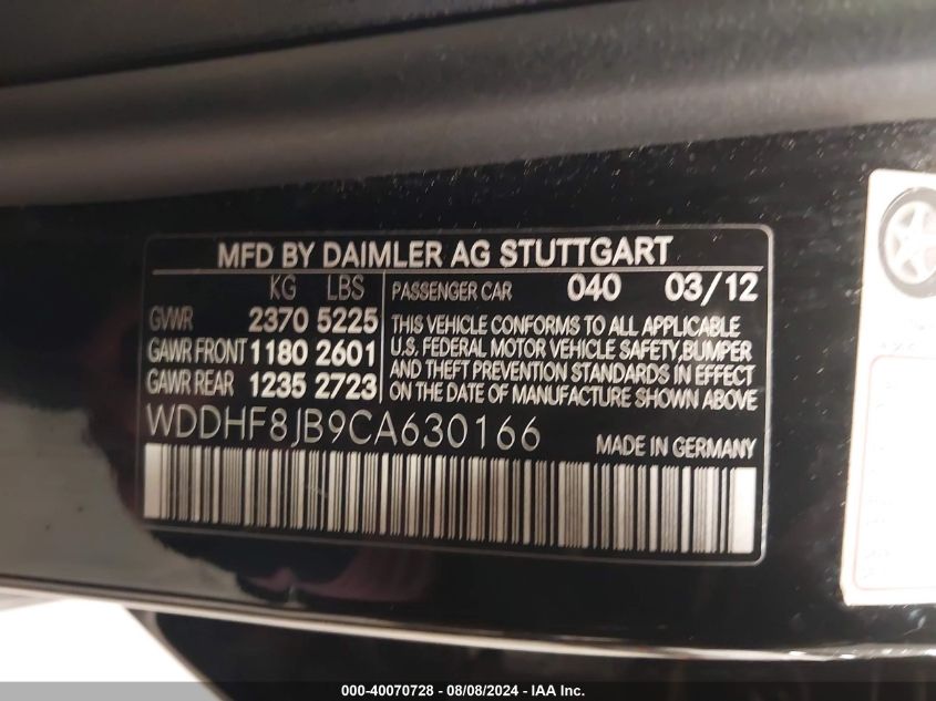 2012 Mercedes-Benz E 350 4Matic VIN: WDDHF8JB9CA630166 Lot: 40070728