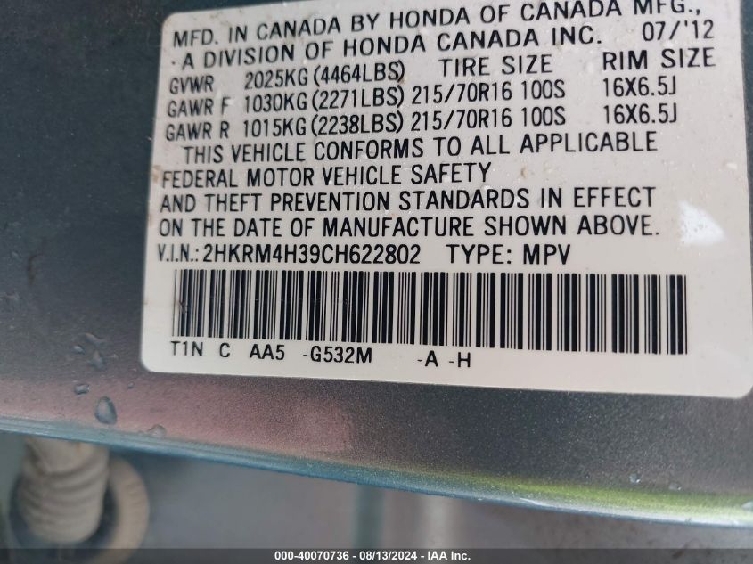 2012 Honda Cr-V Lx VIN: 2HKRM4H39CH622802 Lot: 40070736