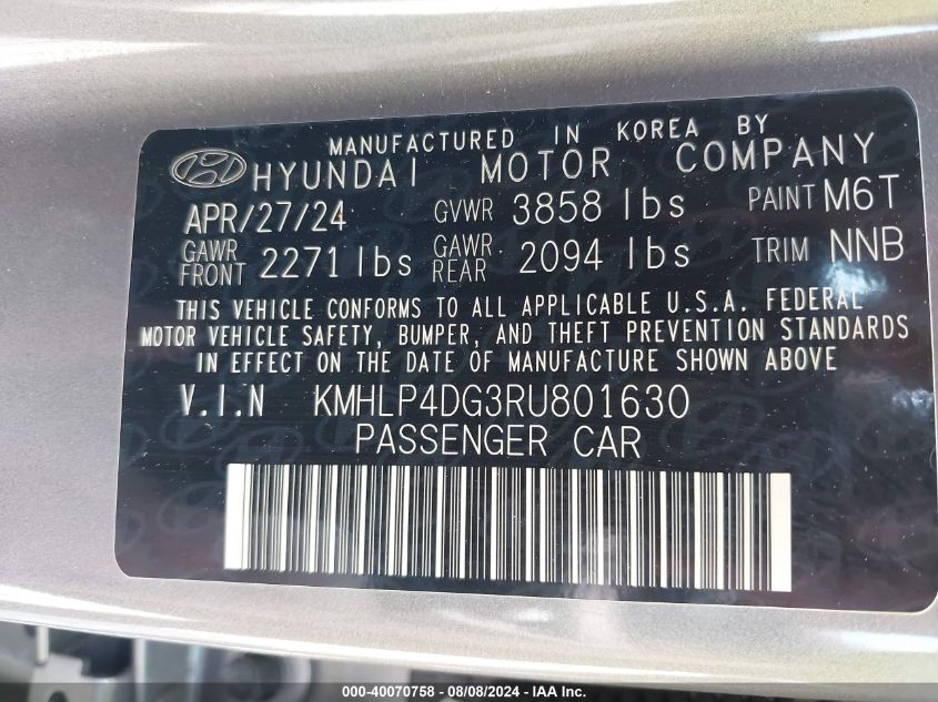 2024 Hyundai Elantra Limited VIN: KMHLP4DG3RU801630 Lot: 40070758