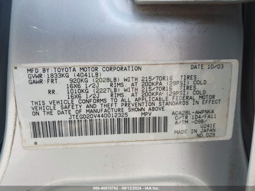 2004 Toyota Rav4 VIN: JTEGD20V440012325 Lot: 40070762