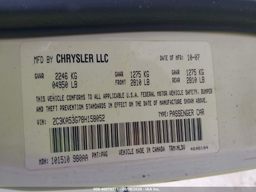 2008 Chrysler 300 Touring VIN: 2C3KA53G78H158052 Lot: 40070771