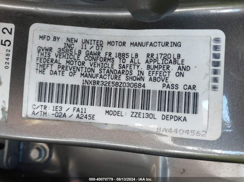 2008 Toyota Corolla Ce VIN: 1NXBR32E58Z030684 Lot: 40070779