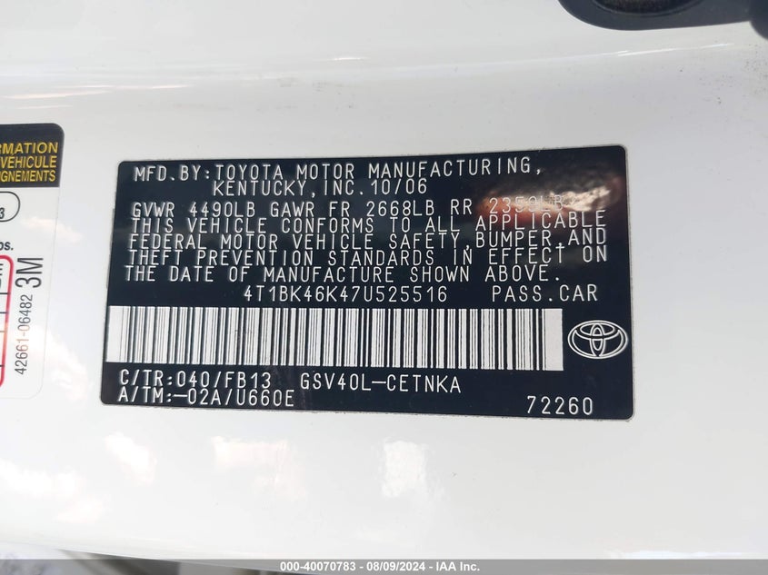 2007 Toyota Camry Le V6 VIN: 4T1BK46K47U525516 Lot: 40070783