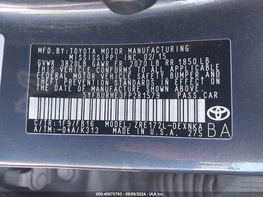 2015 TOYOTA COROLLA LE - 5YFBURHE3FP281579