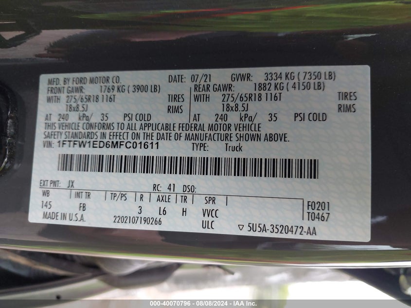 VIN 1FTFW1ED6MFC01611 2021 FORD F-150 XLT