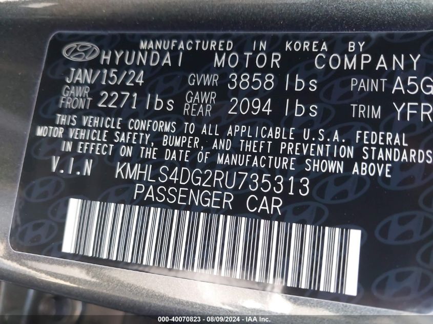 2024 Hyundai Elantra Sel VIN: KMHLS4DG2RU735313 Lot: 40070823