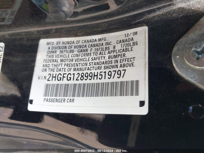 2009 Honda Civic Ex VIN: 2HGFG12899H519797 Lot: 40070833