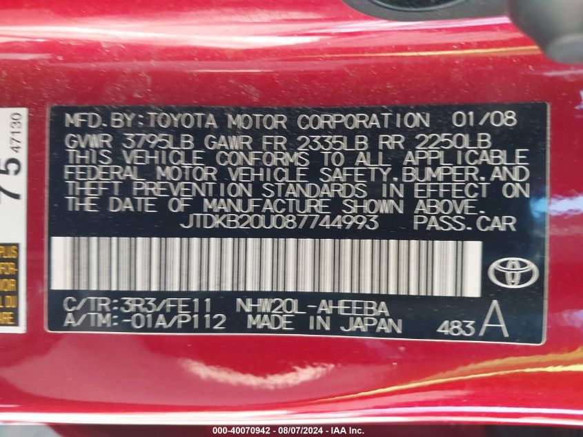 2008 Toyota Prius VIN: JTDKB20U087744993 Lot: 40070942