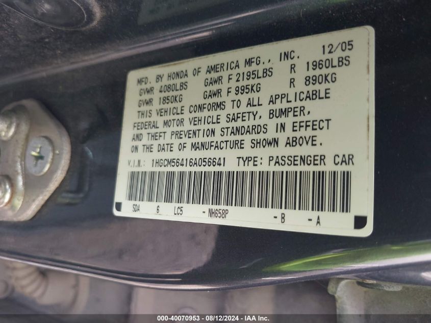 2006 Honda Accord 2.4 Lx VIN: 1HGCM56416A056641 Lot: 40070953