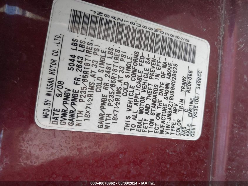 2009 Nissan Murano Sl VIN: JN8AZ18U89W028828 Lot: 40070962