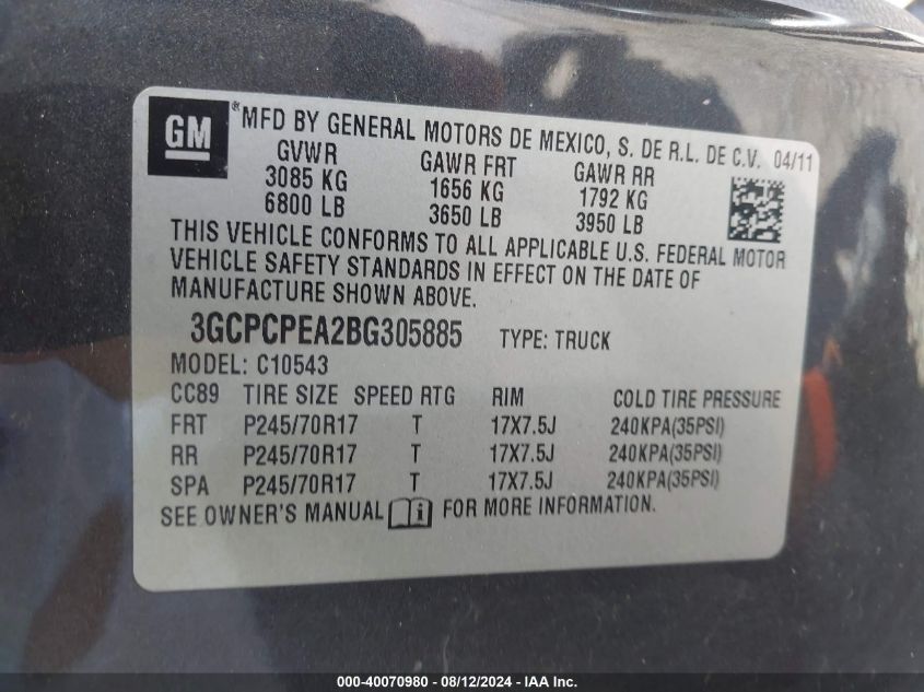 2011 Chevrolet Silverado 1500 Work Truck VIN: 3GCPCPEA2BG305885 Lot: 40070980