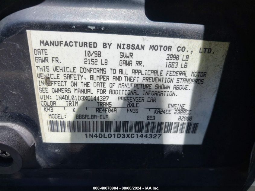 1999 Nissan Altima Gle/Gxe/Se/Se-L/Xe VIN: 1N4DL01D3XC144327 Lot: 40070984