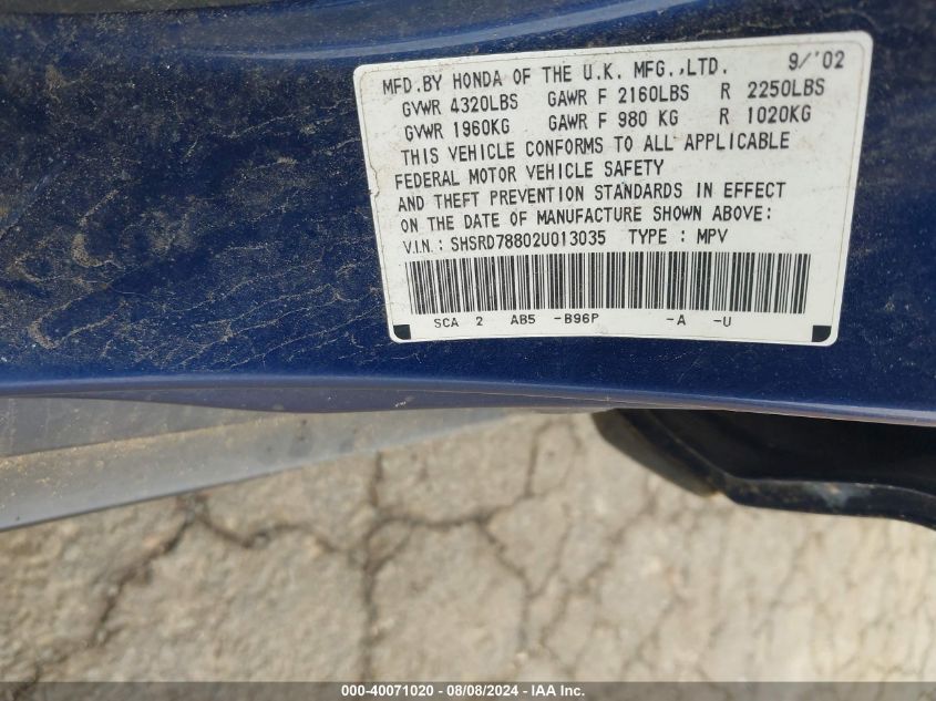 2002 Honda Cr-V Ex VIN: SHSRD78802U013035 Lot: 40071020