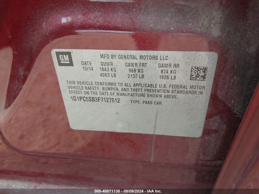 2015 Chevrolet Cruze Lt VIN: 1G1PC5SB3F7127612 Lot: 40071130
