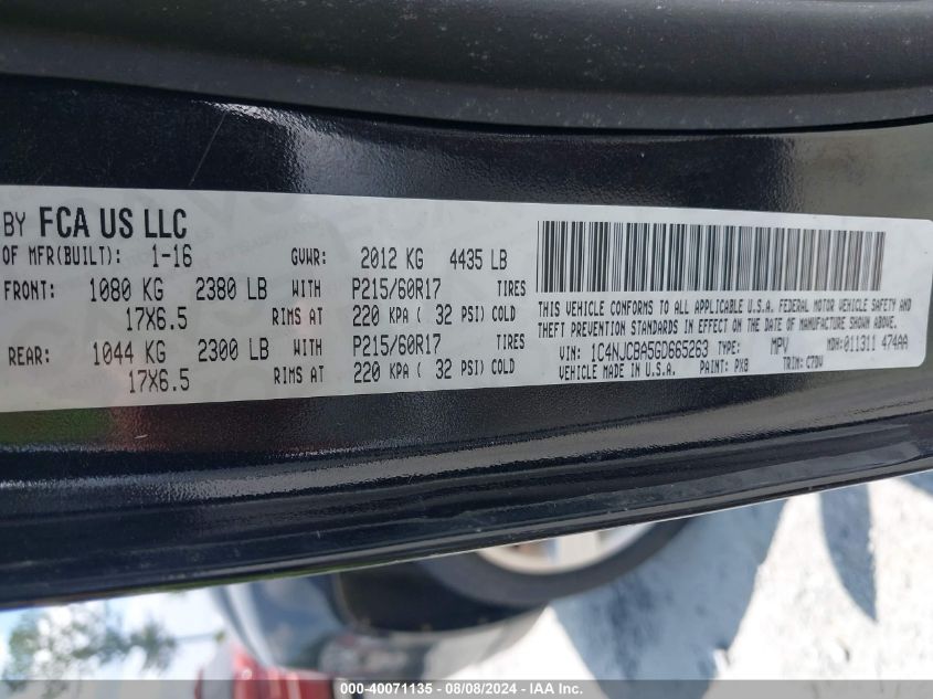 2016 Jeep Compass Sport VIN: 1C4NJCBA5GD665263 Lot: 40071135