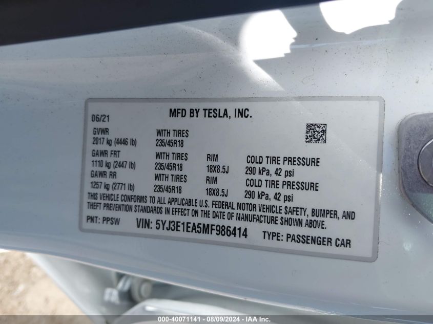 2021 Tesla Model 3 Standard Range Plus Rear-Wheel Drive VIN: 5YJ3E1EA5MF986414 Lot: 40071141