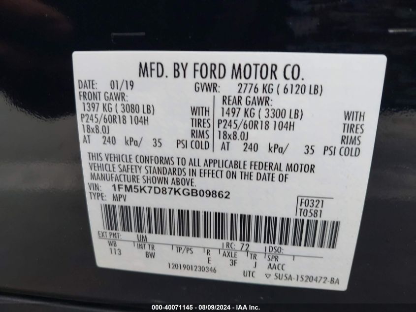 VIN 1FM5K7D87KGB09862 2019 FORD EXPLORER XLT