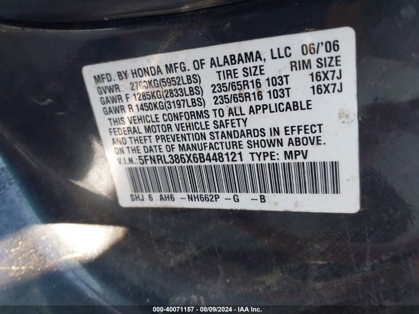 2006 Honda Odyssey Ex-L VIN: 5FNRL386X6B448121 Lot: 40071157