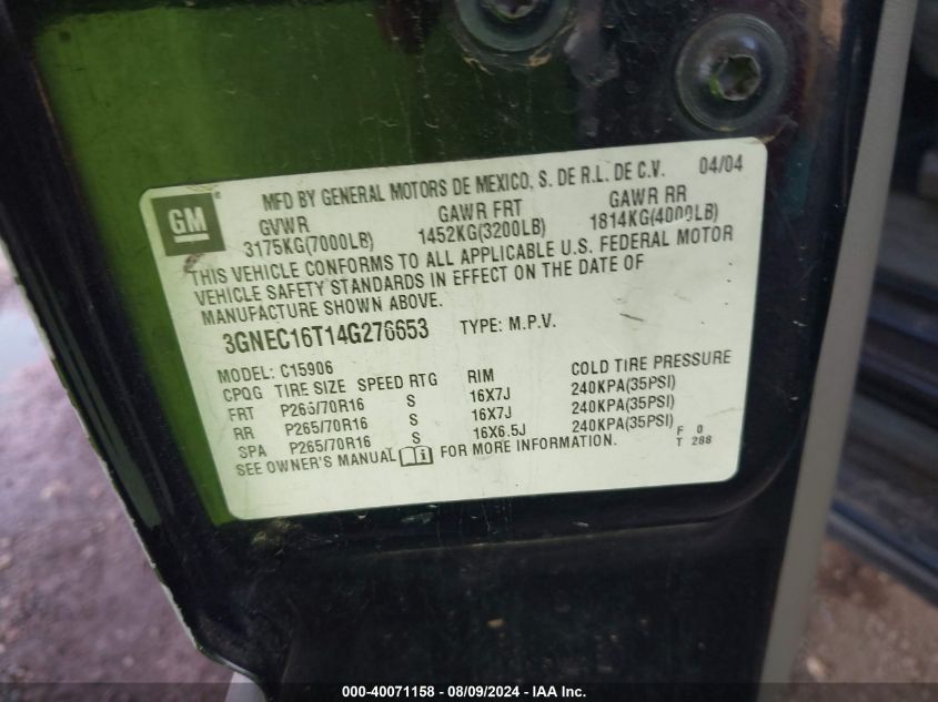 2004 Chevrolet Suburban 1500 Ls VIN: 3GNEC16T14G276653 Lot: 40071158