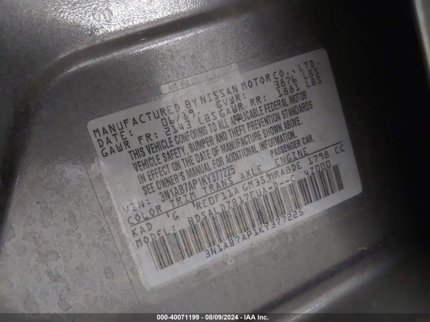 VIN 3N1AB7AP1KY377225 2019 NISSAN SENTRA S/SV/SR/SL