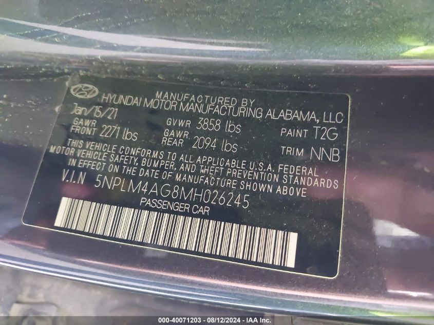 2021 HYUNDAI ELANTRA 2.0L I-4 DOHC, VVT, (VIN: 5NPLM4AG8MH026245