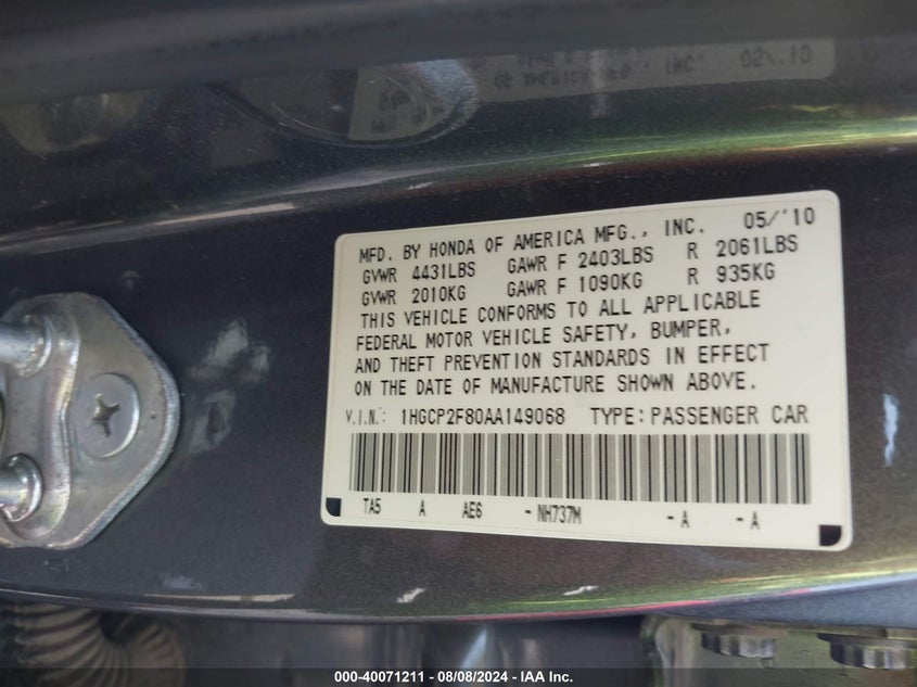 2010 Honda Accord Sdn 2.4 Ex-L/Ex-L VIN: 1HGCP2F80AA149068 Lot: 40071211