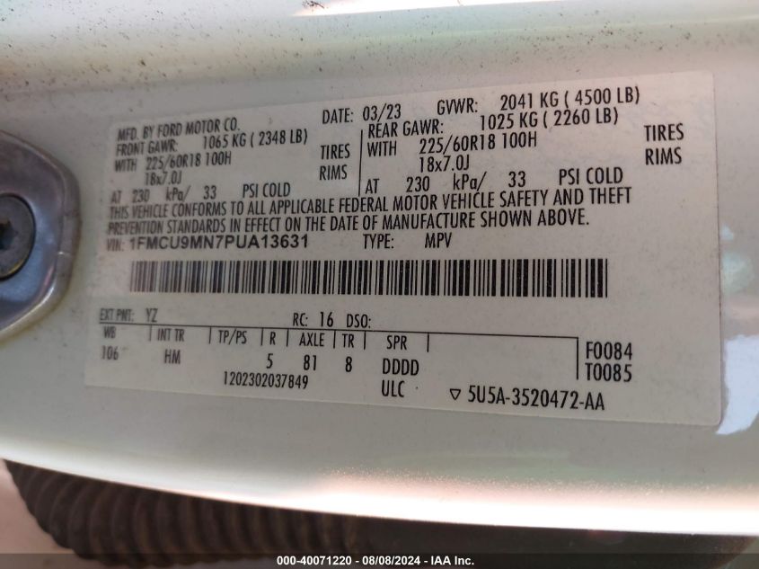 2023 Ford Escape St-Line VIN: 1FMCU9MN7PUA13631 Lot: 40071220