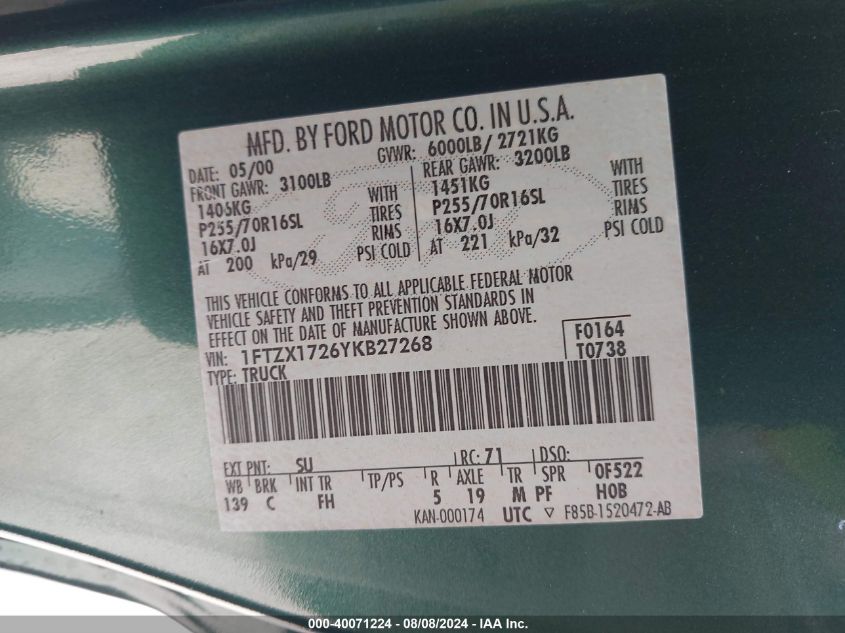 2000 Ford F-150 Work Series/Xl/Xlt VIN: 1FTZX1726YKB27268 Lot: 40071224