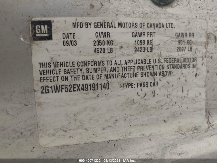 2004 Chevrolet Impala VIN: 2G1WF52EX49191140 Lot: 40071232