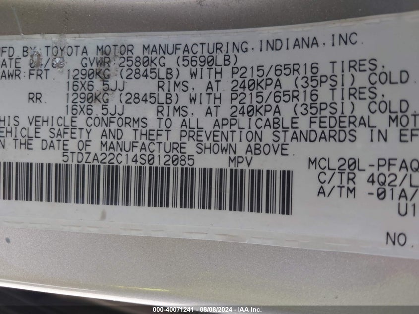 2004 Toyota Sienna Xle VIN: 5TDZA22C14S012085 Lot: 40071241