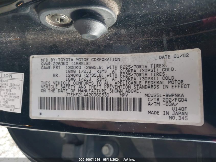 2002 Toyota Highlander V6 VIN: JTEHF21A420060530 Lot: 40071255