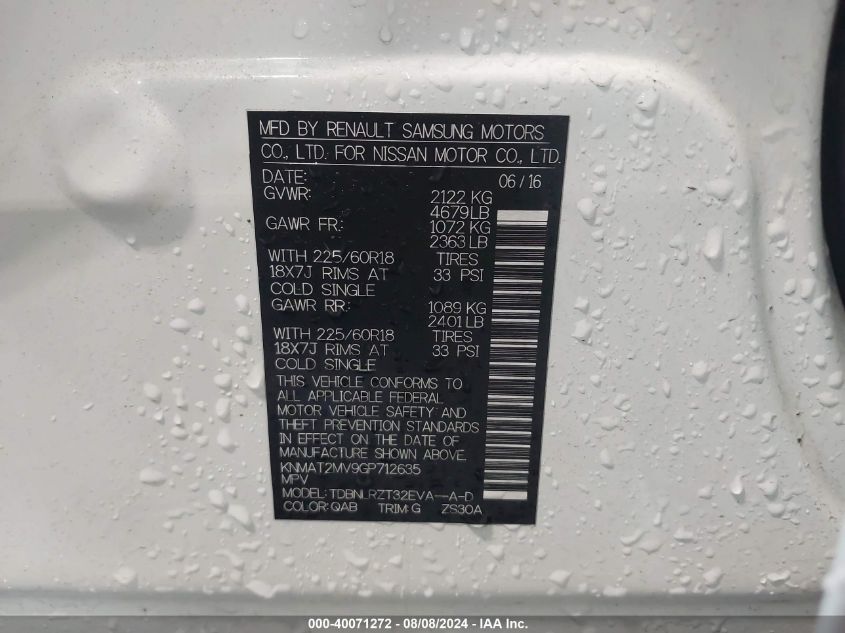 2016 Nissan Rogue Sl VIN: KNMAT2MV9GP712635 Lot: 40071272