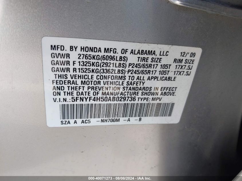 2010 Honda Pilot Ex-L VIN: 5FNYF4H50AB029736 Lot: 40071273