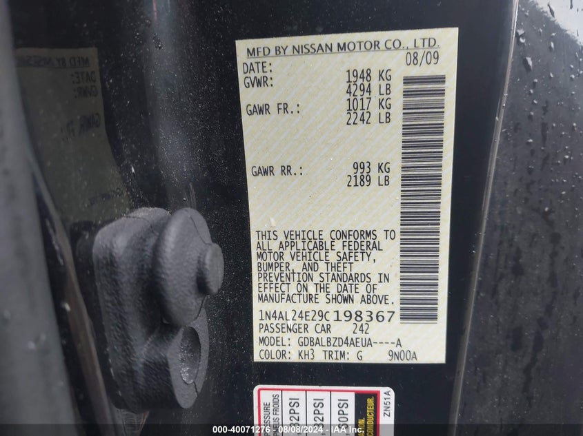 2009 Nissan Altima 2.5 S VIN: 1N4AL24E29C198367 Lot: 40071276