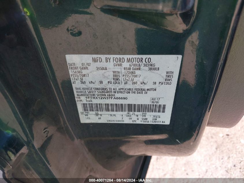 2007 Ford F-150 Stx/Xl/Xlt VIN: 1FTRX12W37FA66690 Lot: 40071284