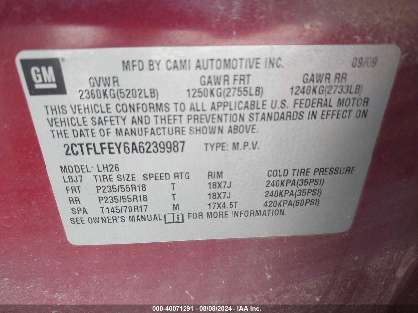 2010 GMC Terrain Slt-1 VIN: 2CTFLFEY6A6239987 Lot: 40071291