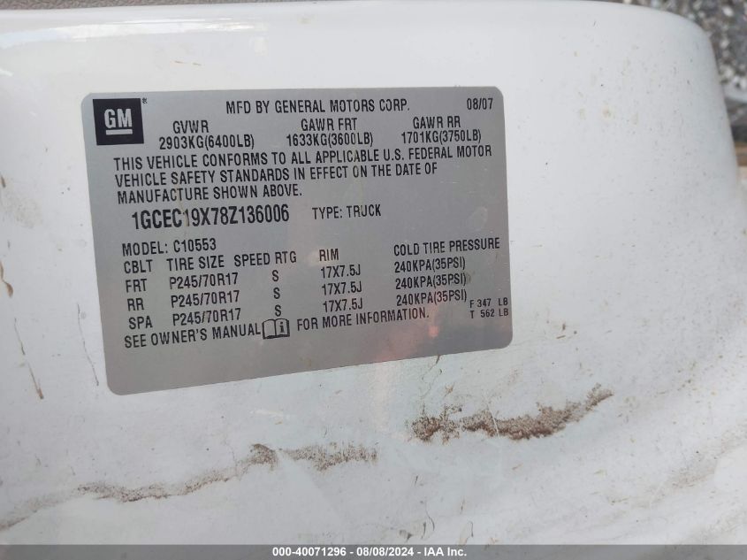 2008 Chevrolet Silverado 1500 Work Truck VIN: 1GCEC19X78Z136006 Lot: 40071296
