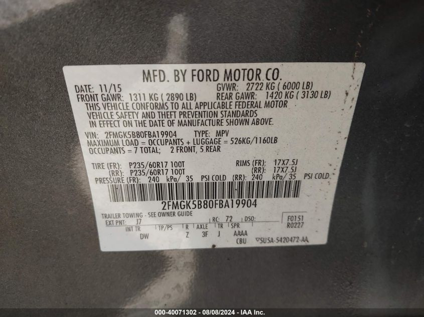 2015 Ford Flex Se VIN: 2FMGK5B80FBA19904 Lot: 40071302