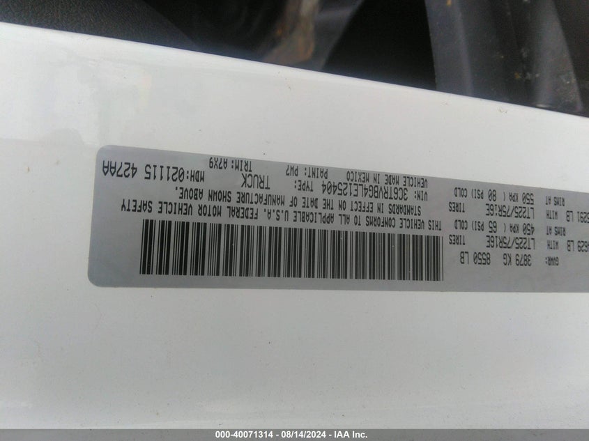 2020 RAM PROMASTER 1500 1500 HIGH - 3C6TRVBG4LE125404