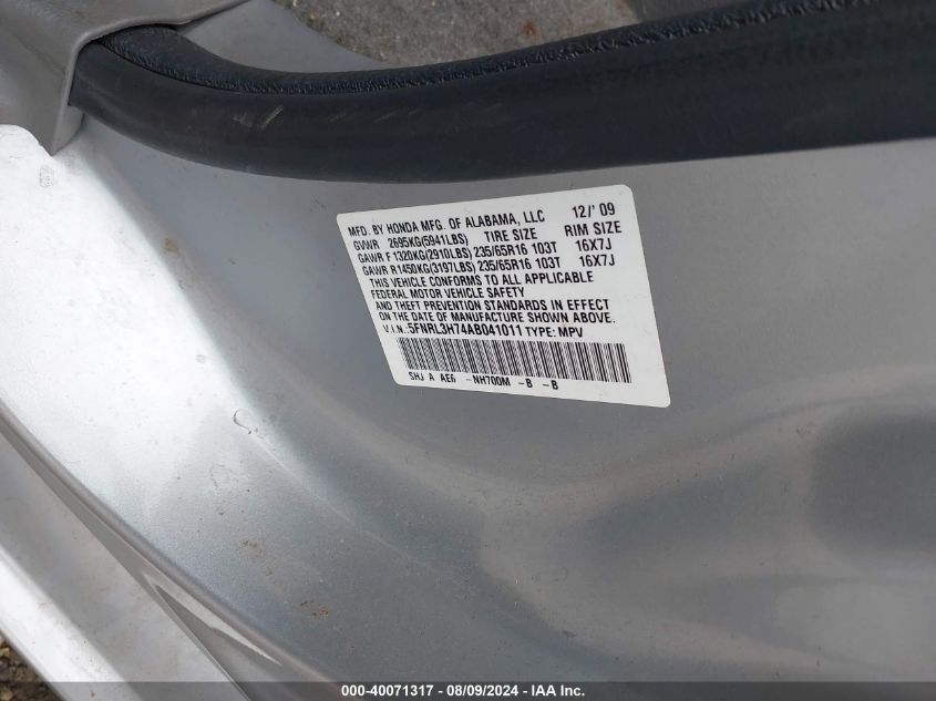 2010 Honda Odyssey Ex-L VIN: 5FNRL3H74AB041011 Lot: 40071317