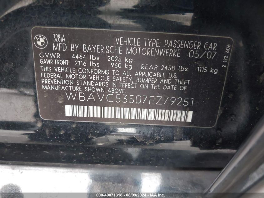 2007 BMW 328I I Sulev VIN: WBAVC53507FZ79251 Lot: 40071318