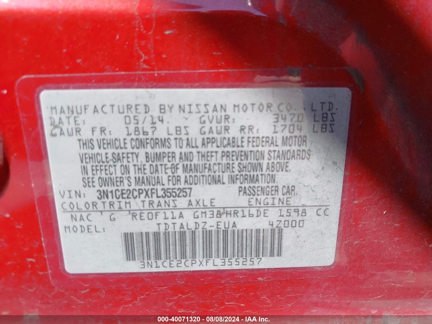 2015 Nissan Versa Note S/S Plus/Sv/Sl/Sr VIN: 3N1CE2CPXFL355257 Lot: 40071320